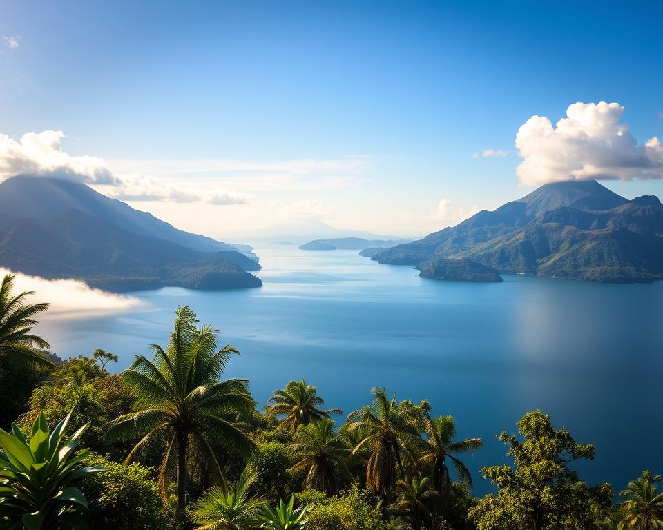 Majestic view of Lake Toba in Sumatra, surrounded by a volcanic landscape. In the foreground, lush green vegetation and tropical trees growing along the water's edge. In the middle ground, the calm lake reflects the surrounding pristine mountains, with a hint of mist rising from the surface. Towering volcanic peaks encircle the lake, their rugged textures visible against the blue sky. In the background, fluffy white clouds drift above, casting gentle shadows on the landscape. The scene is illuminated by warm, golden sunlight, creating a tranquil and inviting atmosphere. Use a wide-angle lens to capture the expansive view, emphasizing both the lake and the dramatic volcanic terrain.