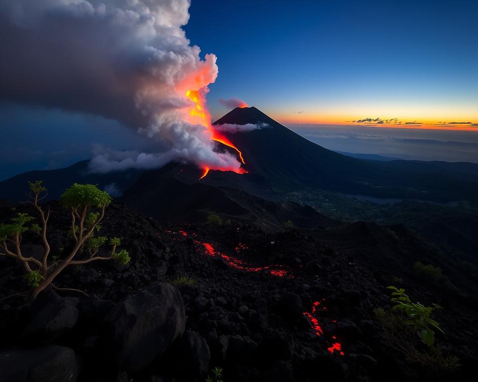 Mount Agung erupting in vivid activity, showcasing billowing ash clouds and fiery lava fountains illuminating the night sky. In the foreground, rugged volcanic rocks and sparse greenery thrive in the harsh environment. The middle ground features a winding trail leading up the volcano, with hints of hardened lava flows glistening under the bright moonlight. The background captures an expansive view of lush Bali landscapes, bathed in soft twilight hues. The scene is framed with a wide-angle lens, enhancing the dramatic scale and depth of the volcano. The atmosphere is both awe-inspiring and ominous, conveying the raw power of nature. The lighting highlights the contrasting warmth of the lava against the cool tones of the dusk sky, emphasizing the geological uniqueness of Mount Agung.
