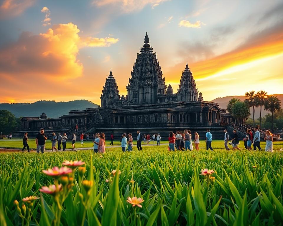 Prambanan Temple, an exquisite example of ancient Javanese architecture, rises majestically against a backdrop of a vibrant sunset sky. The foreground features vibrant green grass and blooming tropical flowers, leading the eye to the intricate carvings and towering spires of the temple itself, which reflect the ornate Hindu design. In the middle ground, diverse visitors, dressed in casual attire, explore the temple grounds, adding a sense of scale and life to the scene. The background showcases lush hills and palm trees, framing the temple beautifully. Soft, golden light bathes the entire scene, casting long shadows and emphasizing the temple's detailed reliefs. Capture the mood of tranquility and wonder, inviting viewers to imagine the rich history and cultural significance of this UNESCO Heritage site. Use a wide-angle lens for a dramatic perspective, enhancing the grandeur of Prambanan Temple.