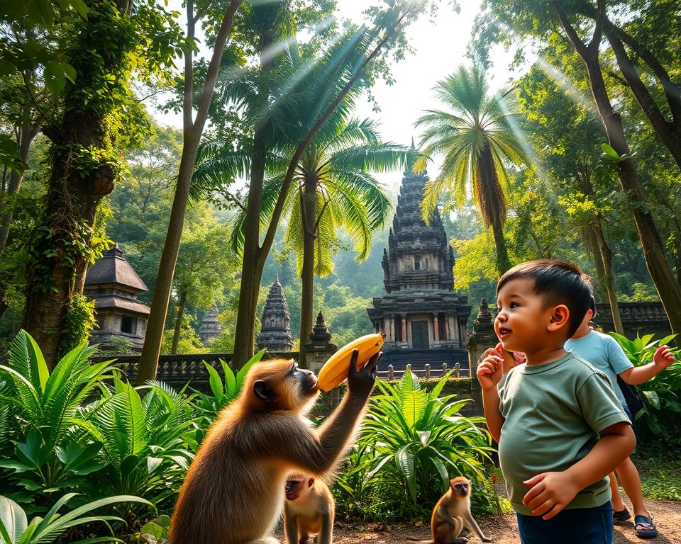Vibrant scene in the Sangeh Monkey Forest, showcasing a lush, tropical environment teeming with life. In the foreground, playful Sangeh monkeys interact with visitors, one reaching for a banana held by a child in modest casual clothing, conveying a sense of joy and wonder. In the middle, tall trees adorned with thick green foliage create a natural canopy, while beams of soft sunlight filter through, illuminating the vibrant greens and browns of the forest floor. The background features ancient Balinese temples peeking through the foliage, adding cultural context and interest. The overall atmosphere is warm and inviting, emphasizing the unique connection between nature and visitors, captured in a dynamic angle that draws the viewer into the heart of this enchanting natural experience.