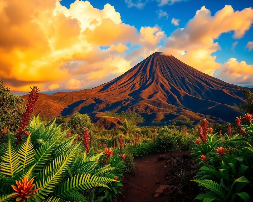 Volcanic landscape in Indonesia during the ideal travel season for vulcanology enthusiasts. In the foreground, vibrant tropical flora including lush green ferns and colorful flowers, framing a serene hiking path. The middle ground features a majestic, active volcano with smoke gently rising from its peak, showcasing rugged textures with rich earthy tones. In the background, a deep blue sky filled with dramatic clouds illuminated by warm golden sunlight, casting dynamic shadows across the terrain. The atmosphere is adventurous yet tranquil, inviting travelers to explore. The scene should evoke a sense of wonder and natural beauty, with no people present, focusing solely on the striking landscape. Volcanic landscape in Indonesia during the ideal travel season for vulcanology enthusiasts. In the foreground, vibrant tropical flora including lush green ferns and colorful flowers, framing a serene hiking path. The middle ground features a majestic, active volcano with smoke gently rising from its peak, showcasing rugged textures with rich earthy tones. In the background, a deep blue sky filled with dramatic clouds illuminated by warm golden sunlight, casting dynamic shadows across the terrain. The atmosphere is adventurous yet tranquil, inviting travelers to explore. The scene should evoke a sense of wonder and natural beauty, with no people present, focusing solely on the striking landscape.